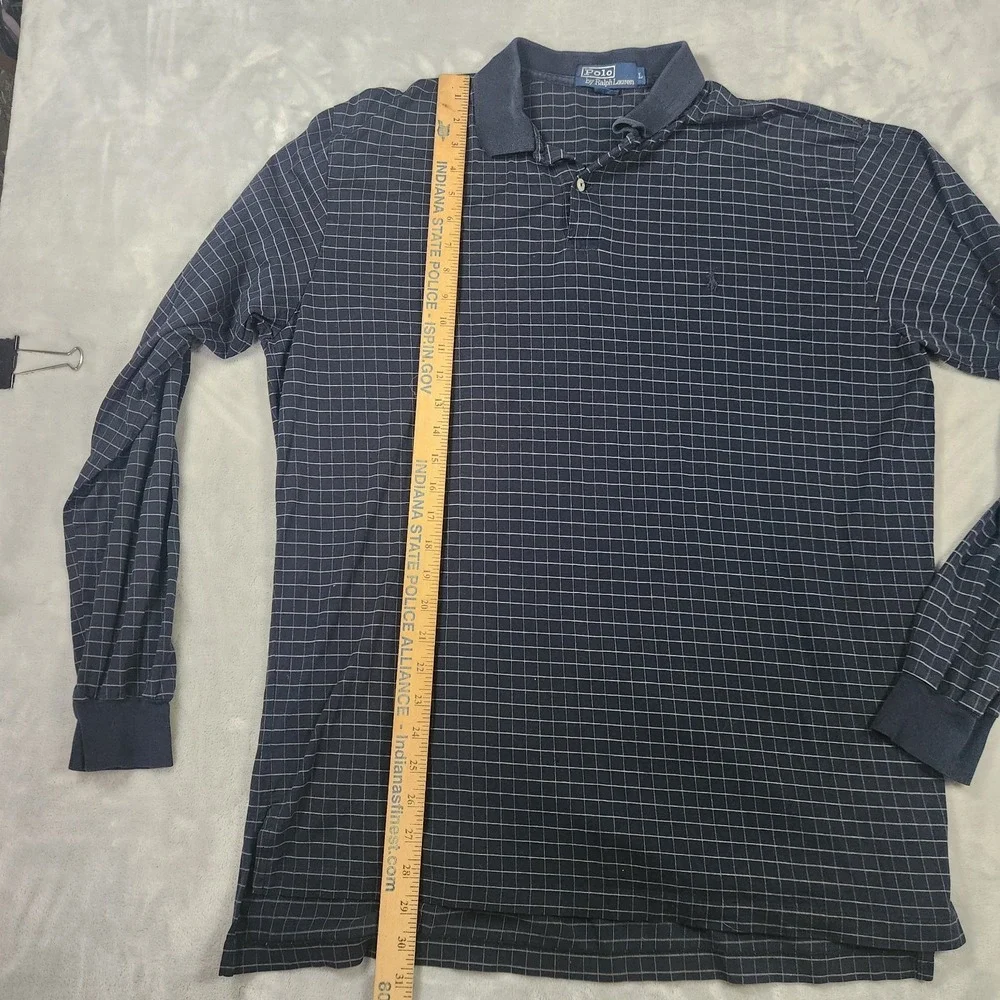 Polo Ralph Lauren Polo Shirt Mens‎ Large Navy Micro Check Long Sleeve Pony Logo